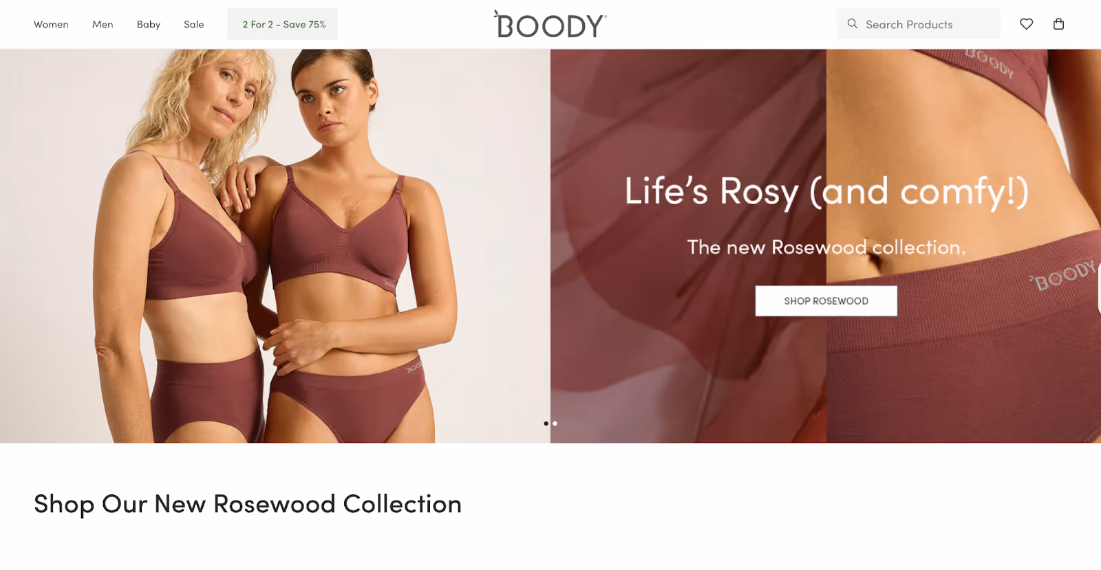 Boody homepage banner showcasing two women modeling matching rosewood-colored underwear from the new Rosewood collection, with a call to action to shop the collection.