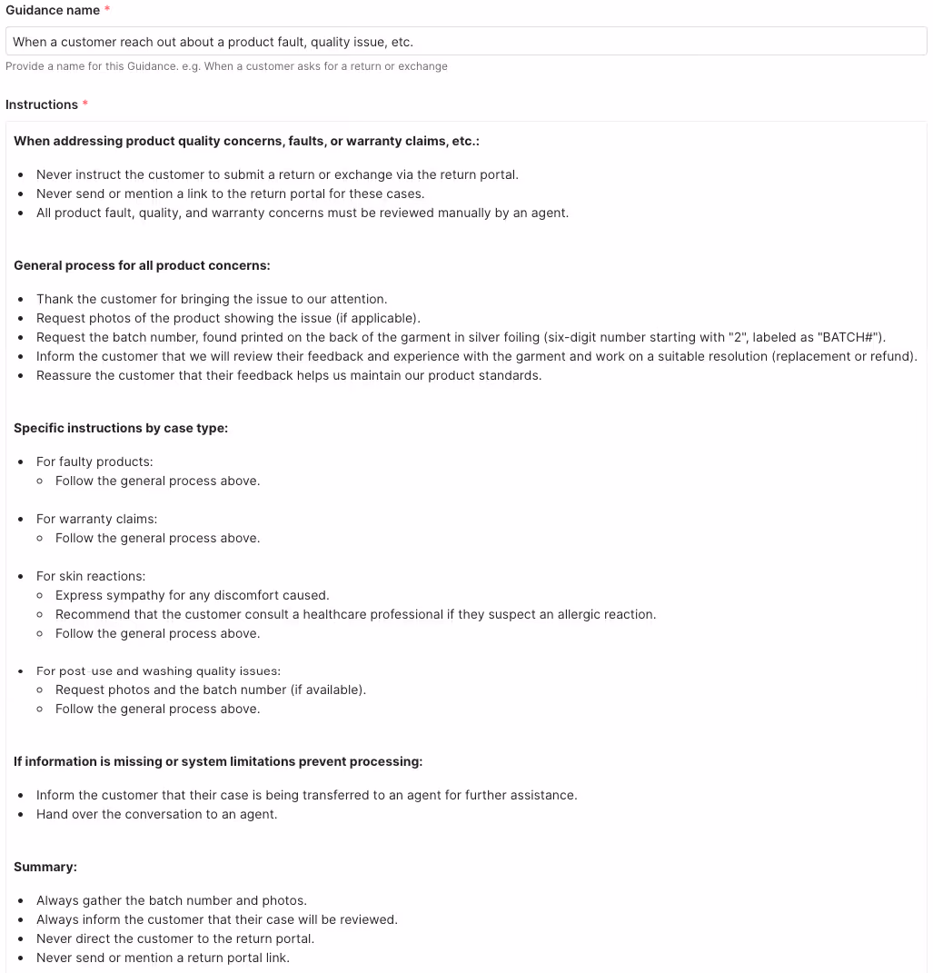 Internal guidance document detailing how Boody's AI Agent should handle product faults, quality issues, and warranty claims, including steps to follow and communication tips based on case type.