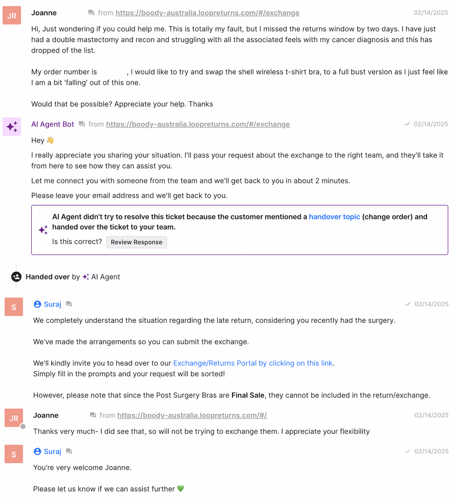 Support conversation regarding a post-surgery customer's late return request. The AI agent escalates the case to a human agent who makes an exception and allows the customer to return the items, given the circumstances.