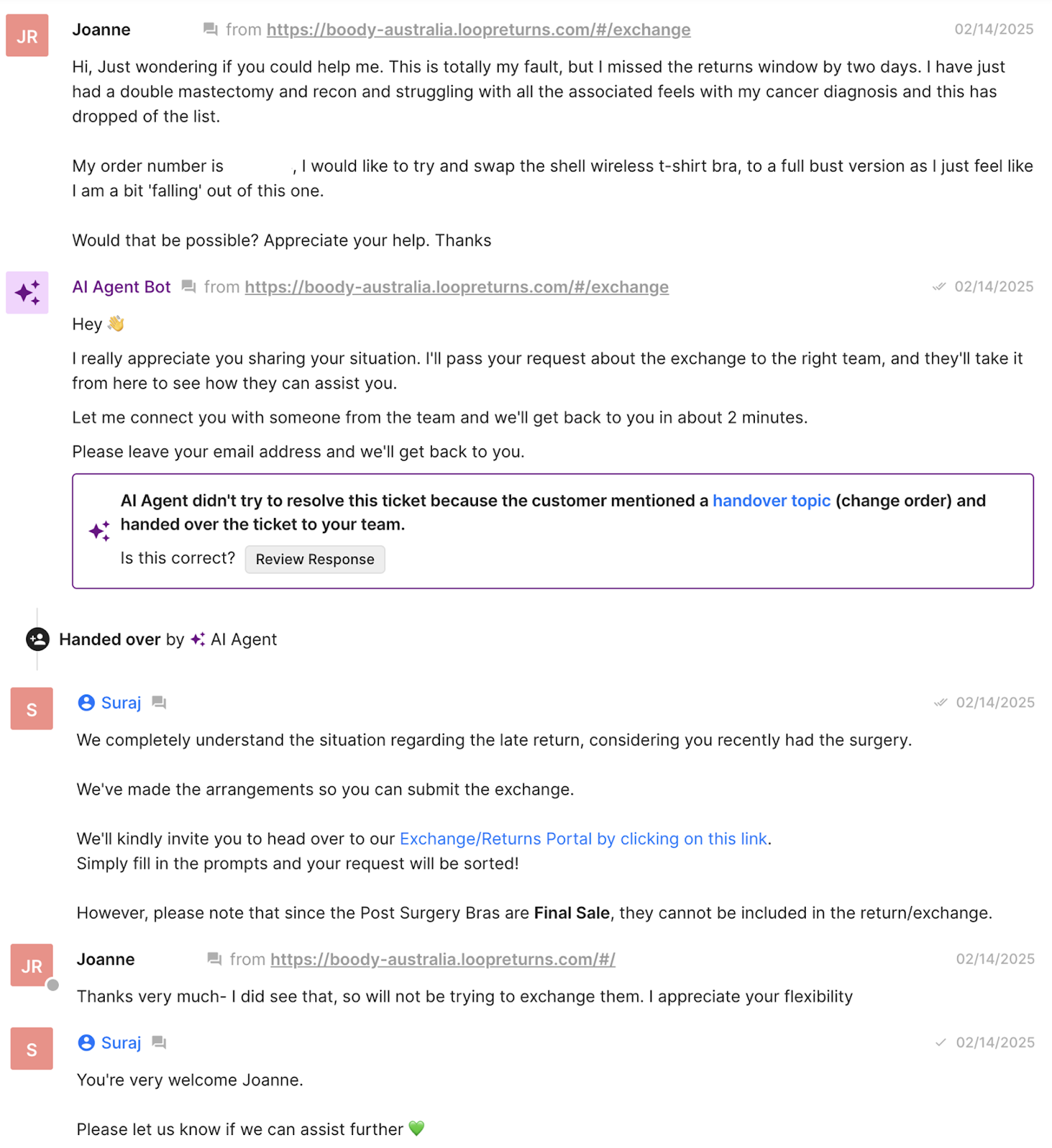 Support conversation regarding a post-surgery customer's late return request. The AI agent escalates the case to a human agent who makes an exception and allows the customer to return the items, given the circumstances. 