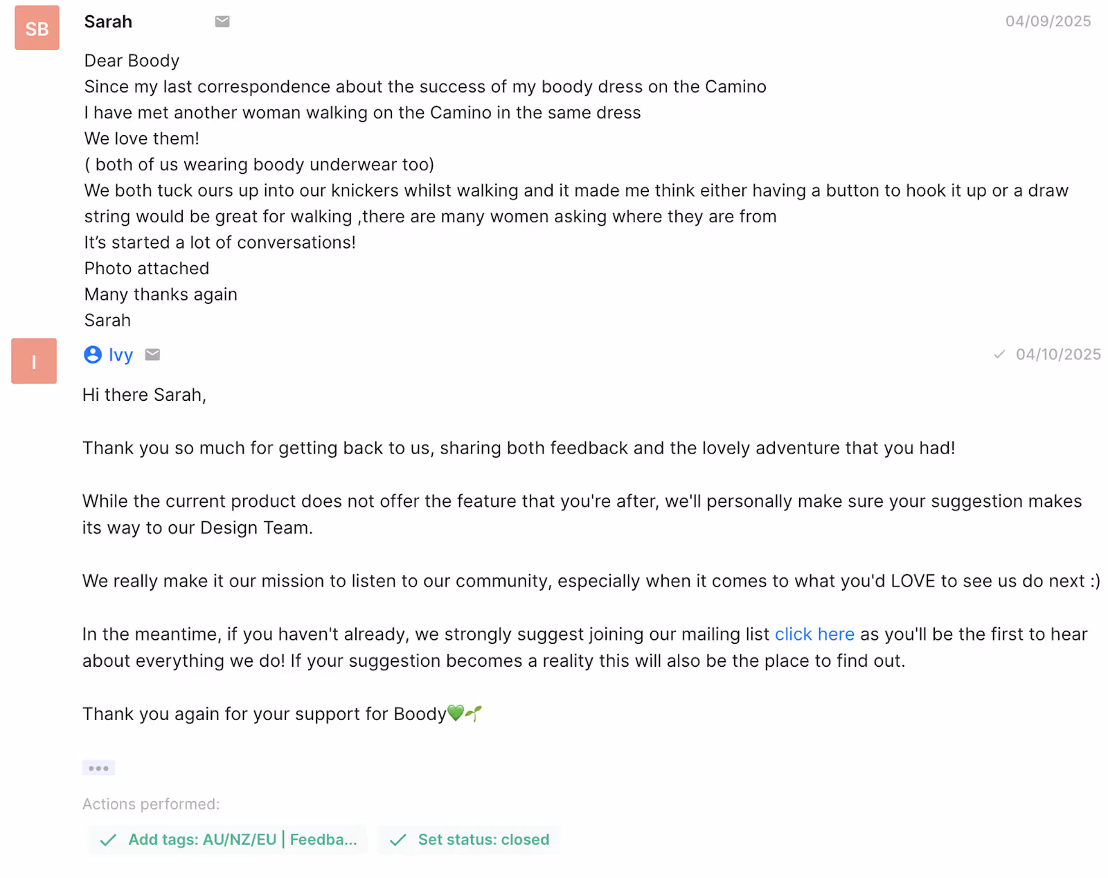 Customer feedback thread with Boody, where a customer describes meeting another traveler wearing the same Boody dress on the Camino and suggests a design improvement. The support agent responds appreciatively and promises to forward feedback to the design team.