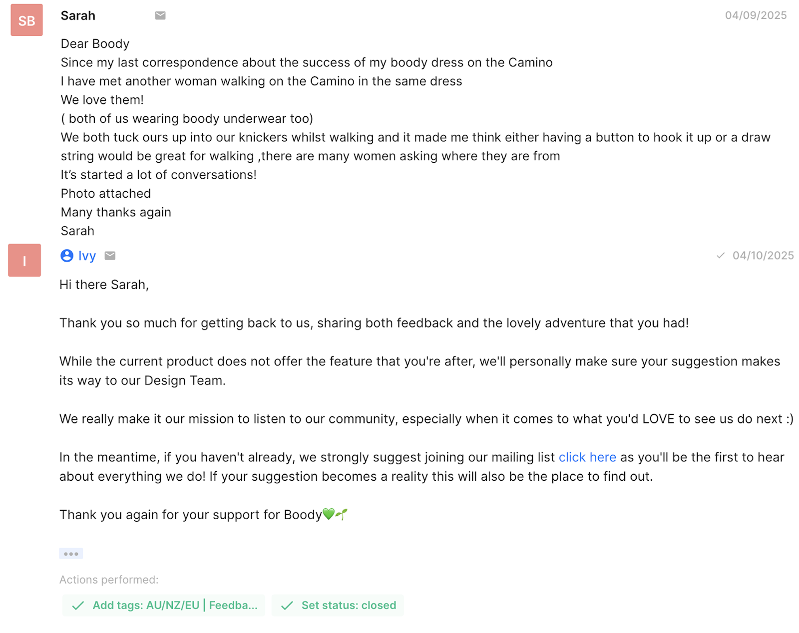 Customer feedback thread with Boody, where a customer describes meeting another traveler wearing the same Boody dress on the Camino and suggests a design improvement. The support agent responds appreciatively and promises to forward feedback to the design team.