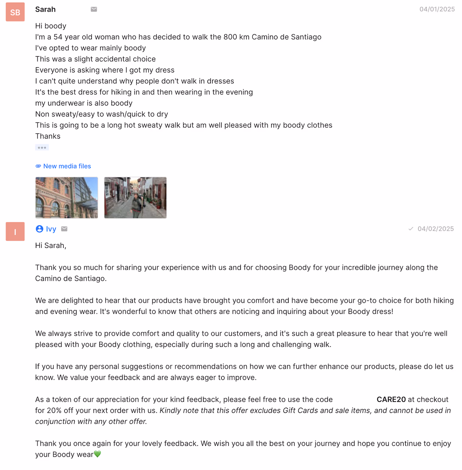 Customer shares their experience wearing Boody clothing on the Camino de Santiago. The support agent thanks them and provides a discount code as appreciation for their positive feedback and brand loyalty.