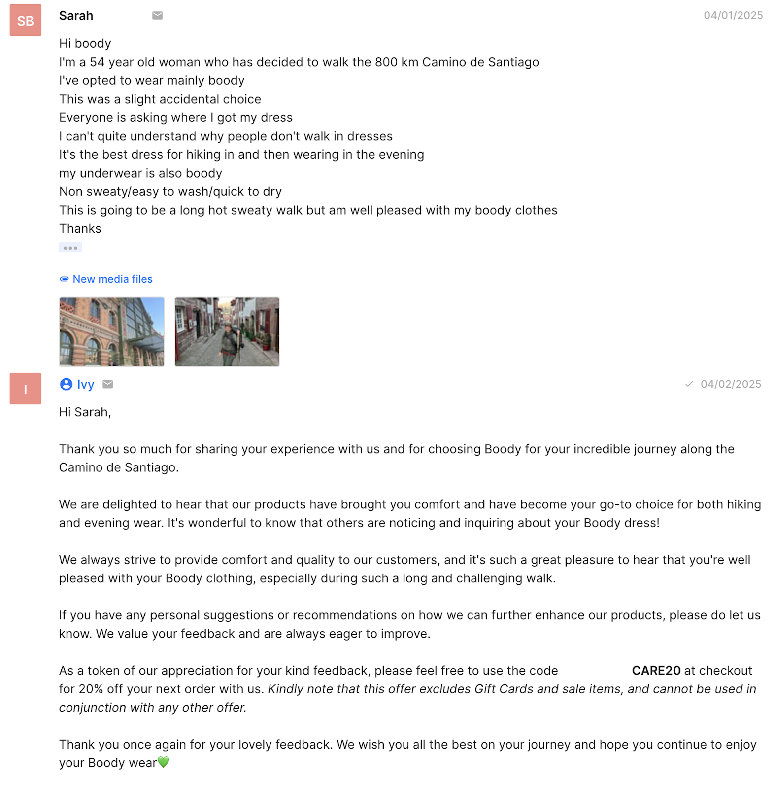 Customer shares their experience wearing Boody clothing on the Camino de Santiago. The support agent thanks them and provides a discount code as appreciation for their positive feedback and brand loyalty.