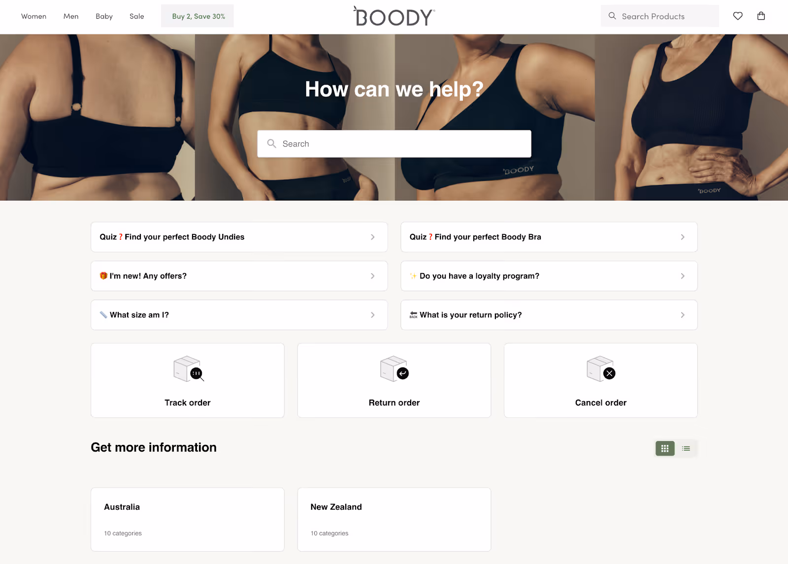 Boody help center homepage featuring search bar, product quiz links, return and tracking options, and photos of diverse models wearing Boody bras.