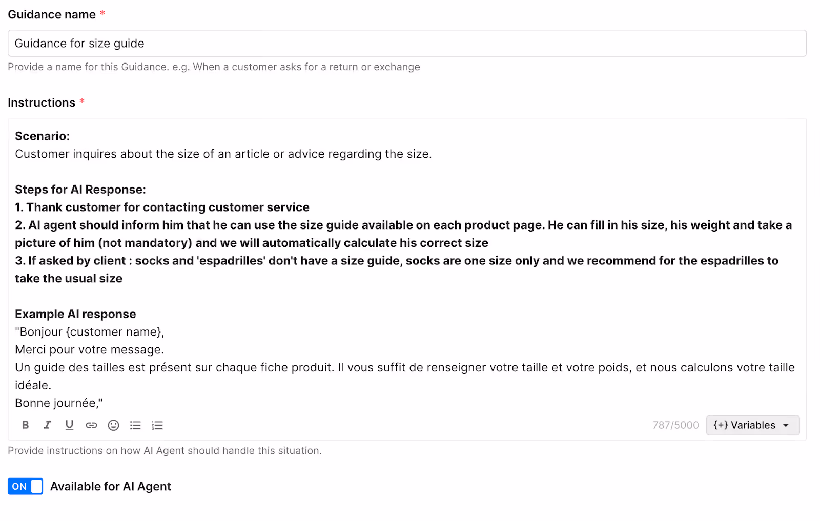 Screenshot of an AI Guidance document for size inquiries, with steps outlining how AI Agent should assist customers and an example French response.