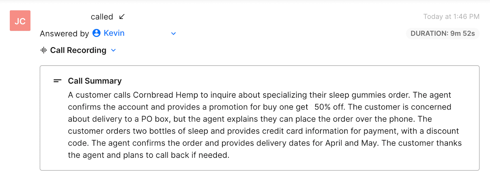 Call summary of a customer inquiring about sleep gummies, with an agent confirming a promotion and processing an order with delivery details.