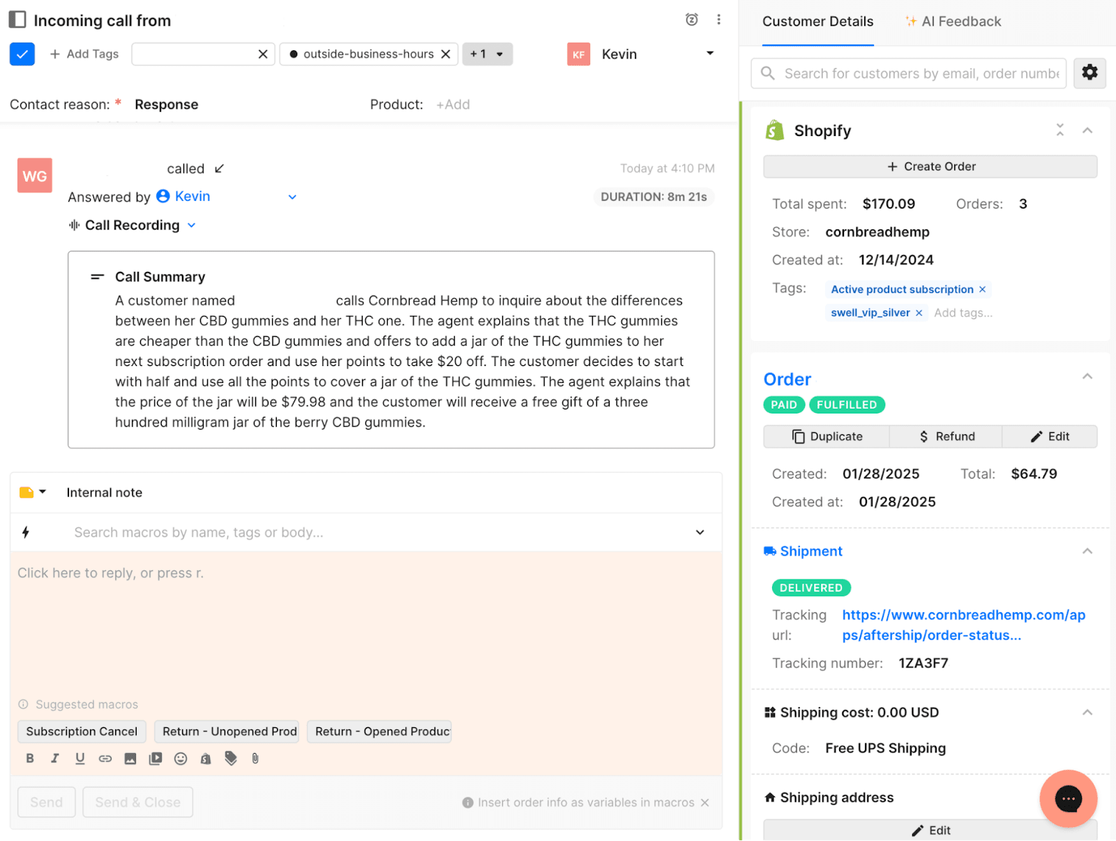 Call summary and order details in a ticket view. It shows a customer inquiry about THC and CBD gummies, with Shopify order information and shipment tracking on the right.