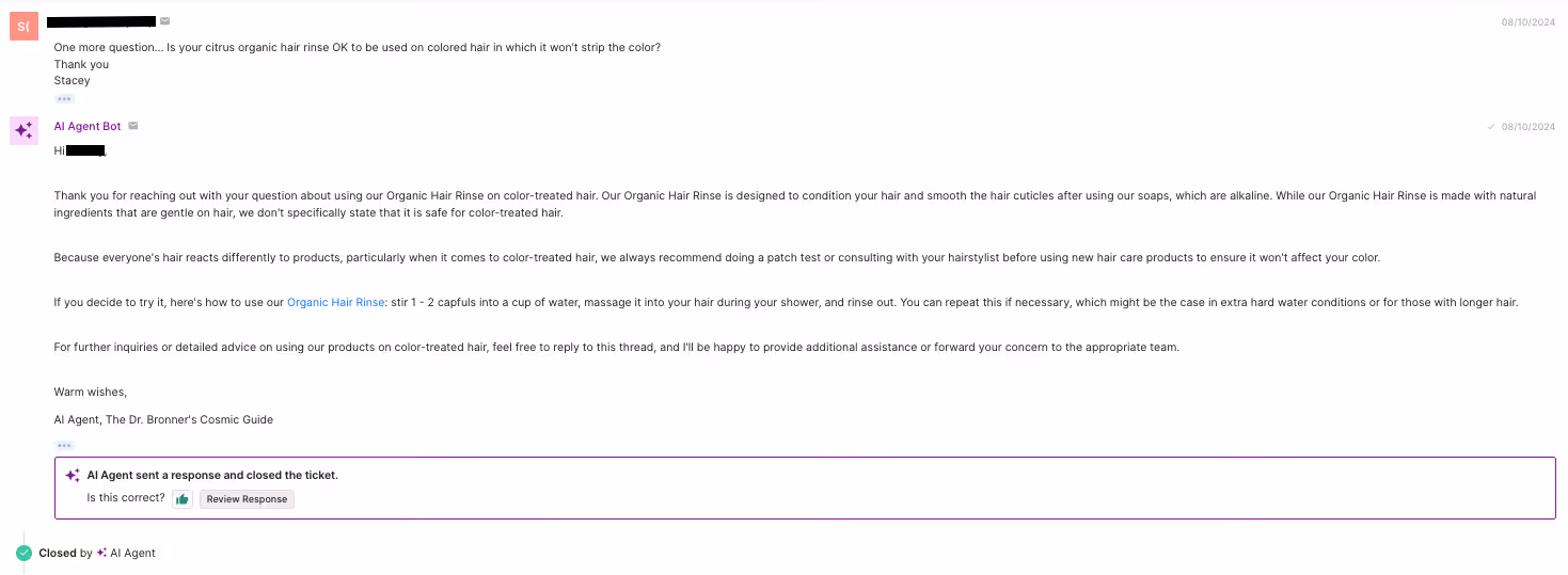 A screenshot of a response from AI Agent explaining how one of Dr. Bronner’s products works on color-treated hair, including step-by-step instructions.