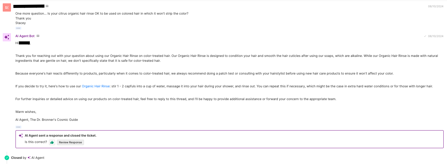 A screenshot of a response from AI Agent explaining how one of Dr. Bronner’s products works on color-treated hair, including step-by-step instructions. 