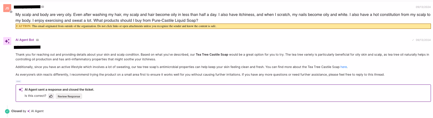 A screenshot of a response from AI Agent helping match a customer to the right product, based on their unique goals and lifestyle.