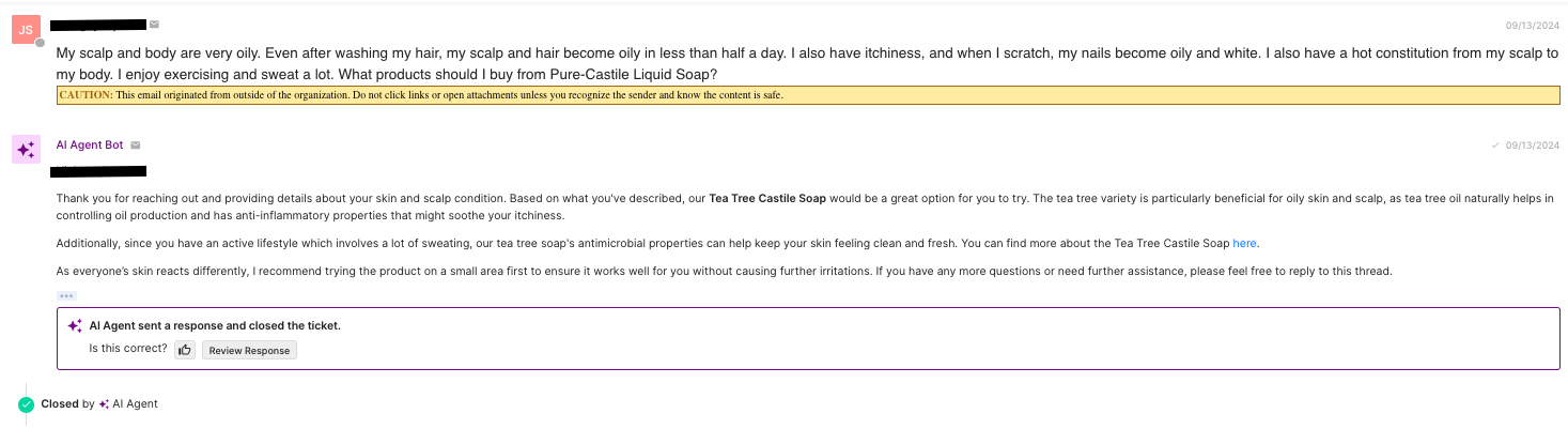 A screenshot of a response from AI Agent helping match a customer to the right product, based on their unique goals and lifestyle.