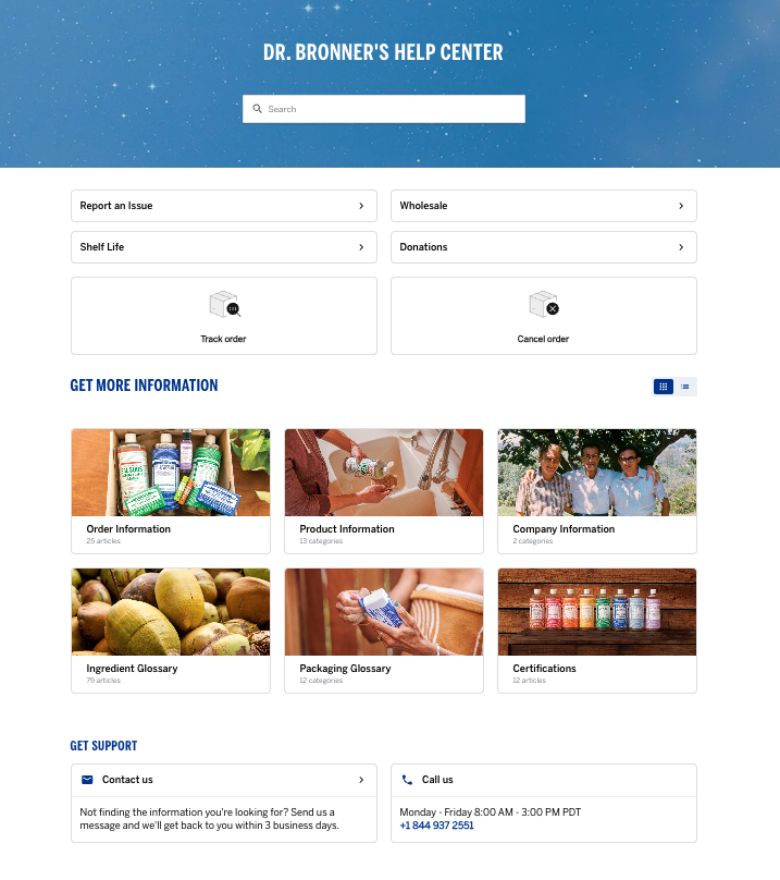 A screenshot of Dr. Bronner's Help Center, created with Gorgias.