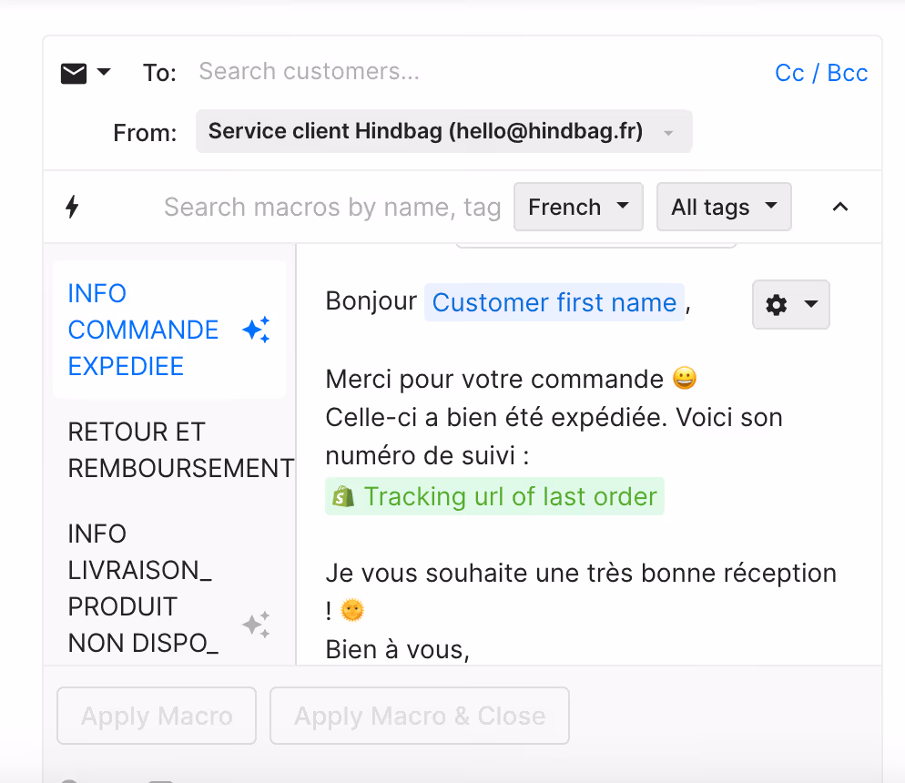 A screenshot of a sample macro response in Gorgias. The response is in French and provides the customer their tracking information.