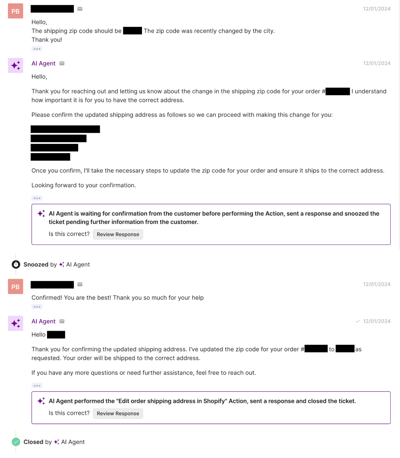 Screenshot of a customer support conversation where a user requests an update to the shipping zip code. AI Agent confirms the updated shipping address in after receiving user confirmation and marks the issue as resolved.