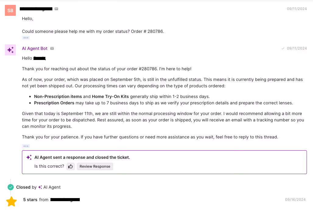 AI Agent gives a customer their order status.