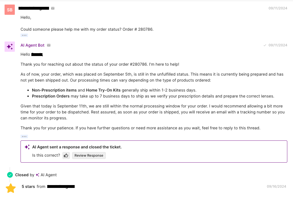 AI Agent gives a customer their order status.