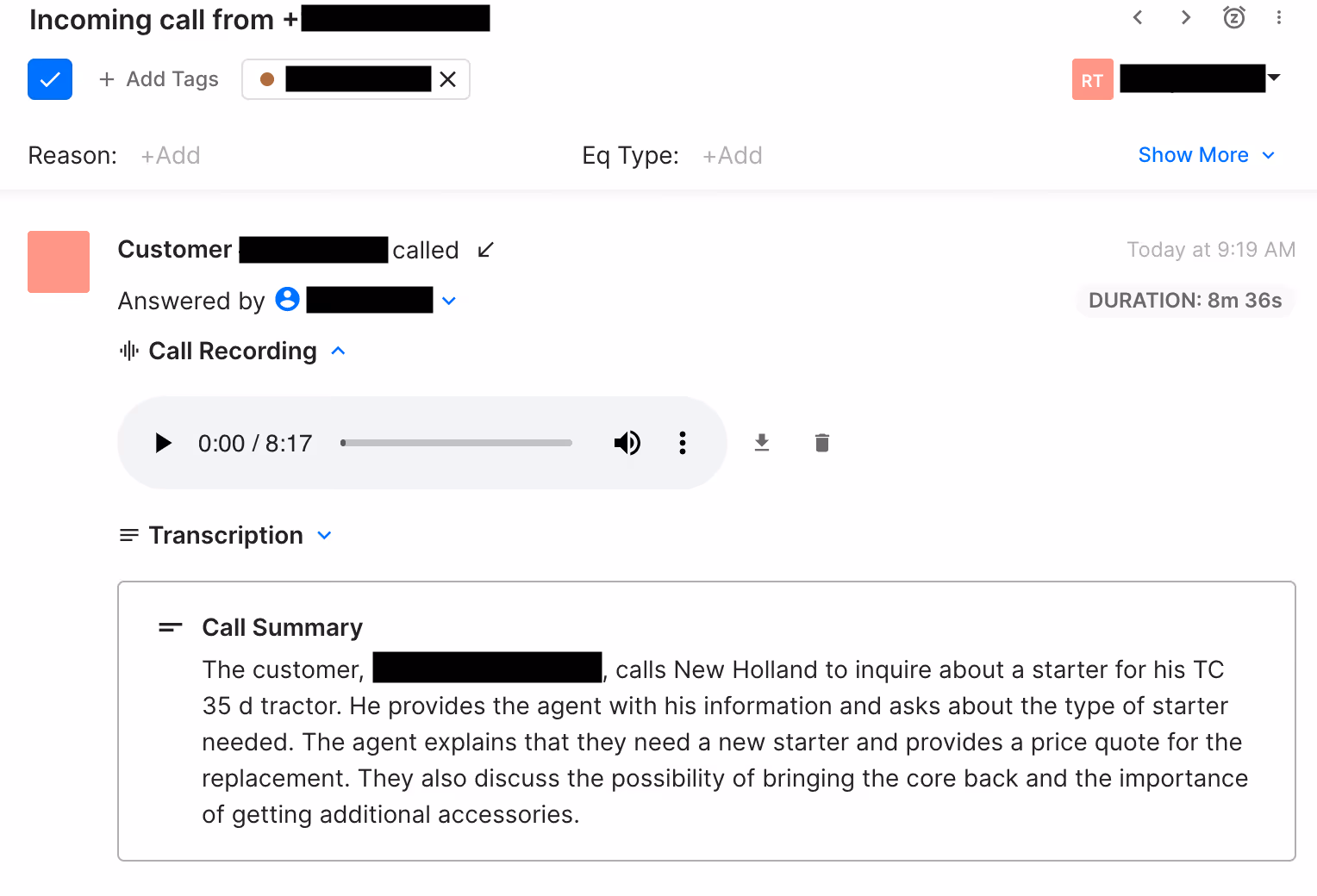 A screenshot of sample incoming call in Gorgias Voice for New Holland Rochester. There is a recording of the call, as well as an AI-generated summary.
