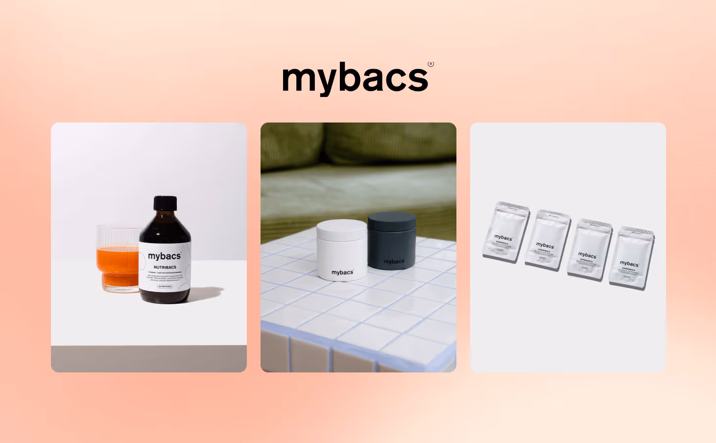 A Mybacs product showcase featuring three separate product images. The left image displays a bottle of Nutribacs with a glass of orange liquid. The center image shows two Mybacs supplement jars, one white and one black, placed on a tiled surface. The right image presents four Mybacs supplement sachets against a neutral background.