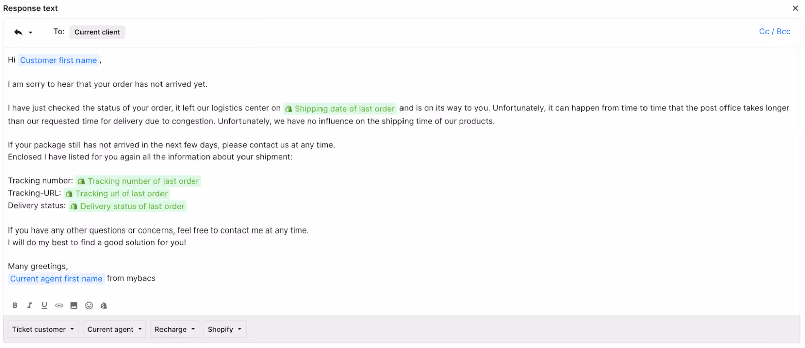 A customer service email Macro response from Mybacs addressing a delayed order. The email provides tracking details and reassures the customer about the shipping process.