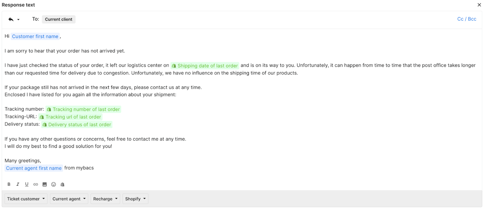 A customer service email Macro response from Mybacs addressing a delayed order. The email provides tracking details and reassures the customer about the shipping process.