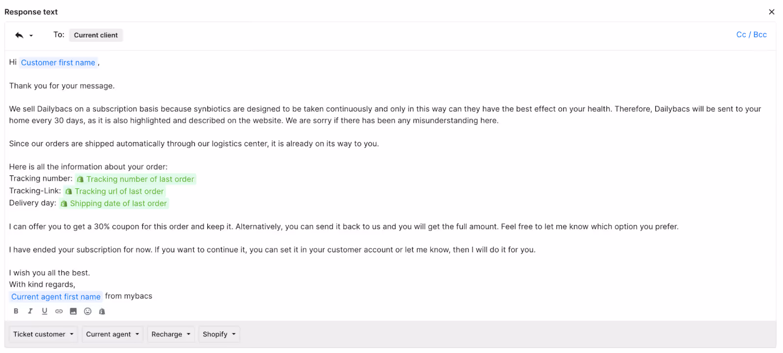 A customer service email Macro response addressing an order cancellation request. A mybacs agent explains the order is past the cancellation window and provides order tracking details and a 30% coupon. The email includes variables for customer and agent names, as well as tracking details.