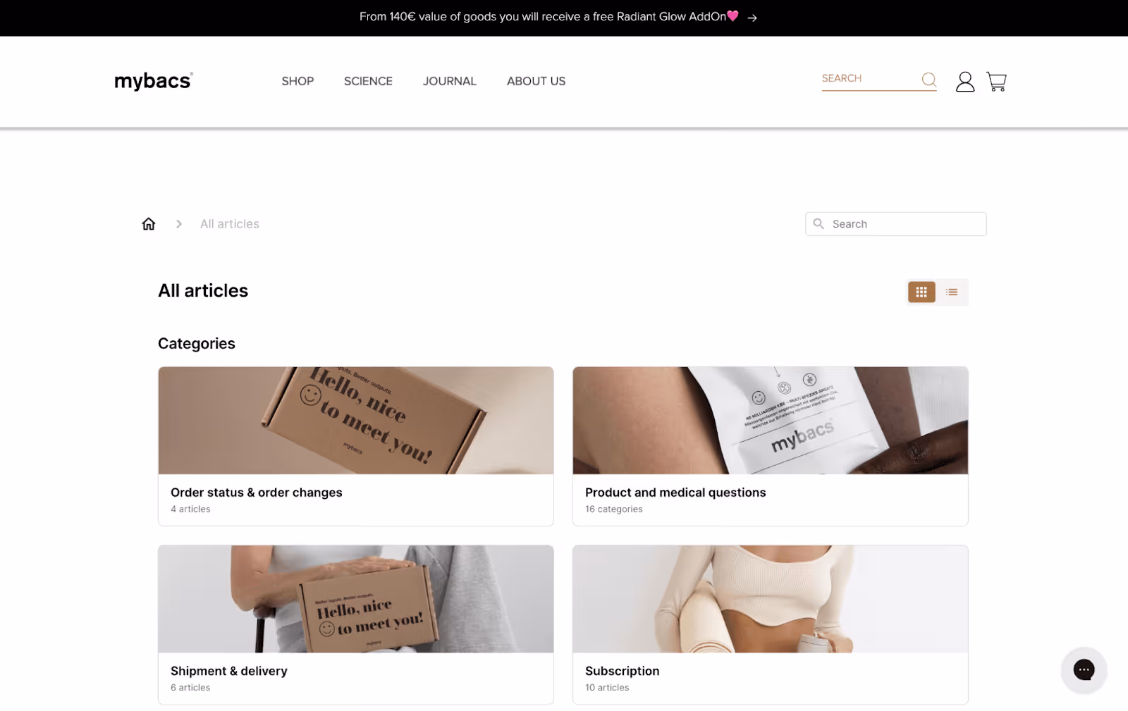 A screenshot of the mybacs Help Center, displaying different support categories such as order status, product questions, shipment, and subscriptions. Each category is represented by an image of mybacs packaging or supplements.