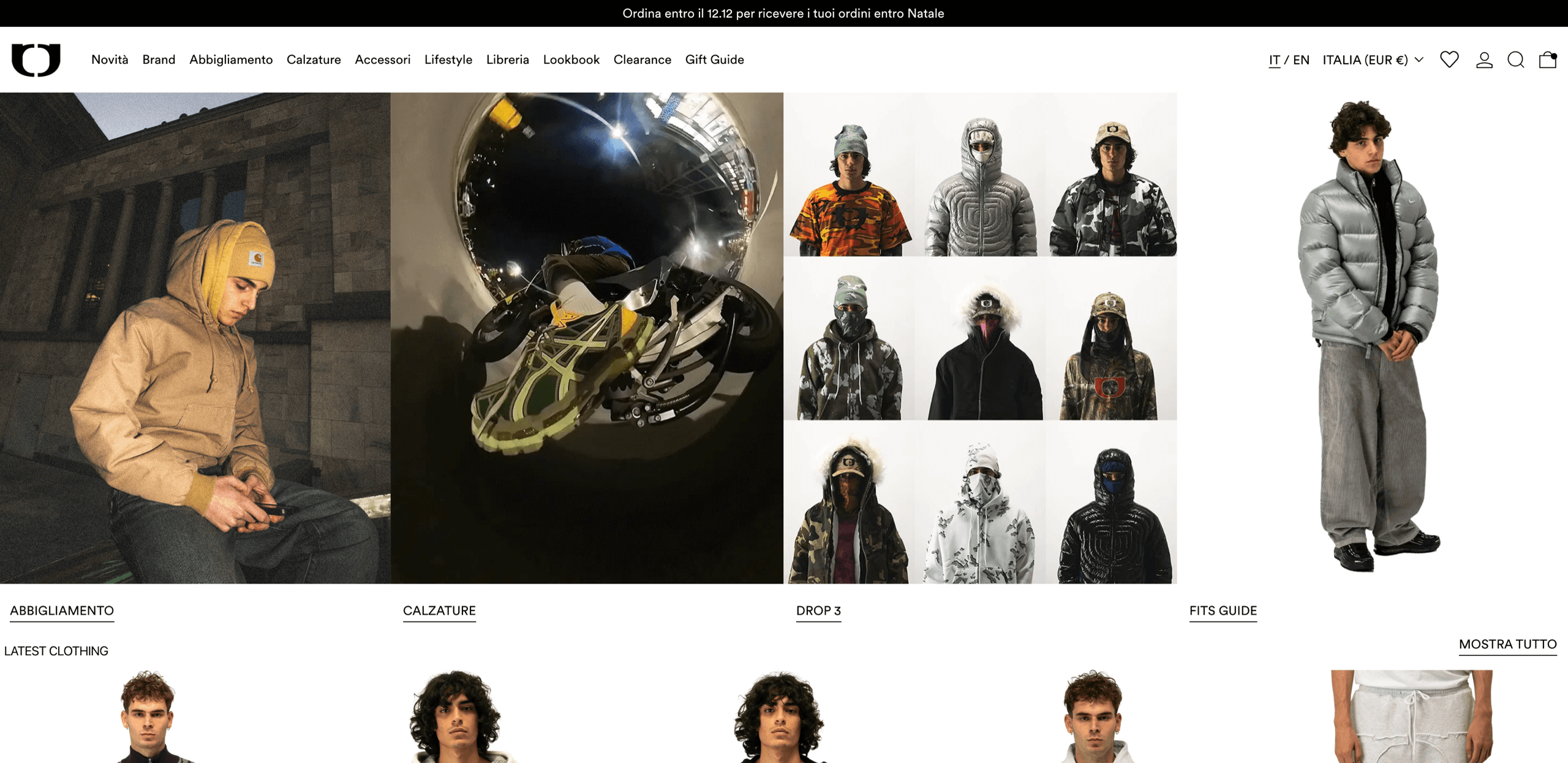 A screenshot of One Block Down's homepage. There are various images of streetwear clothing items.
