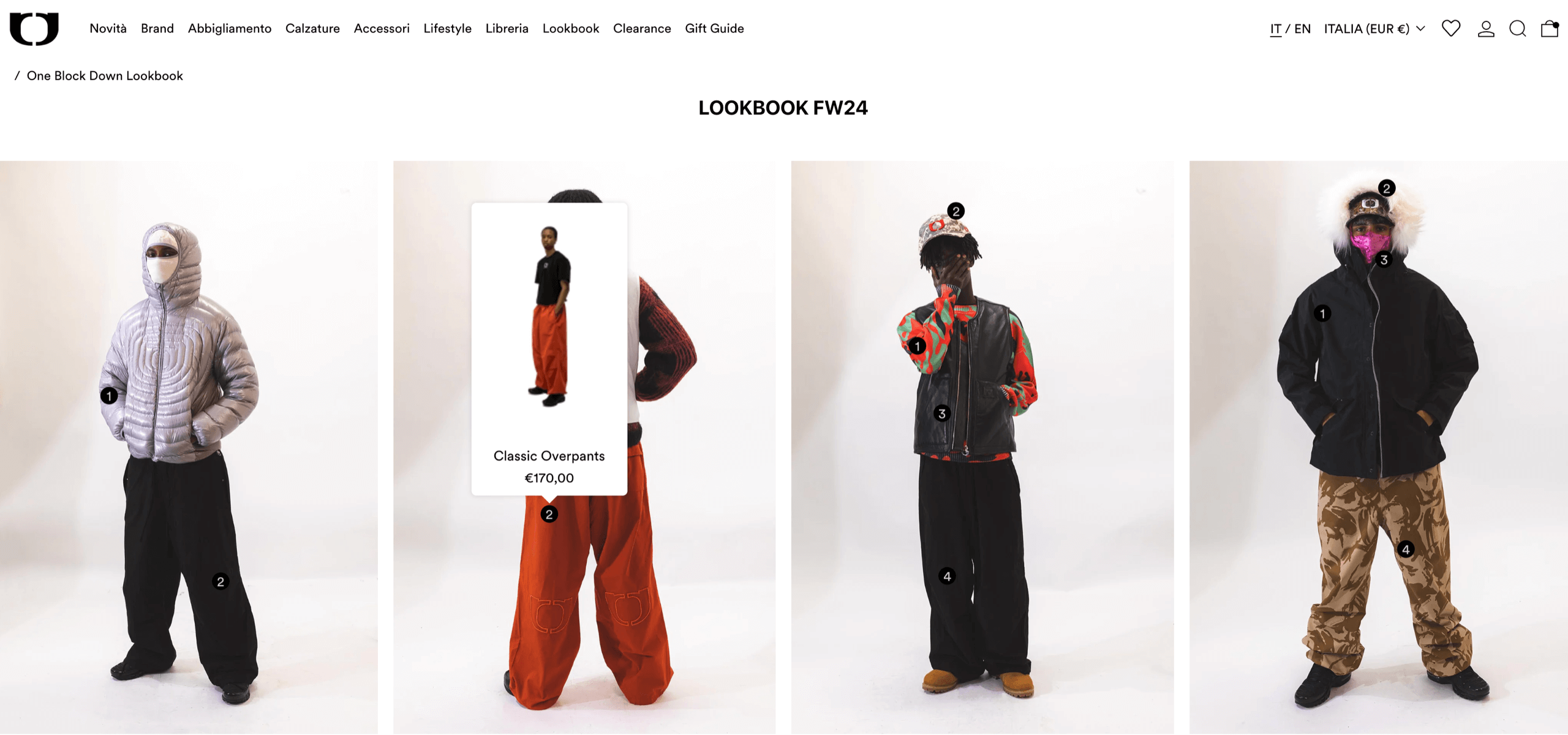 A screenshot from One BlockDown's FW24 lookbook. One pair of baggy, street style pants is highlighted.