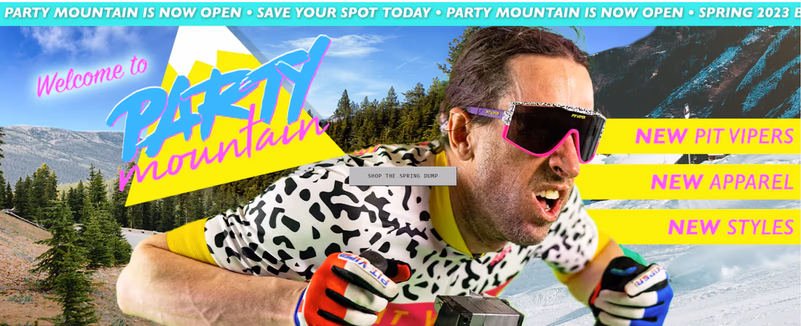 Screenshot of Pit Viper's homepage with a person skiing