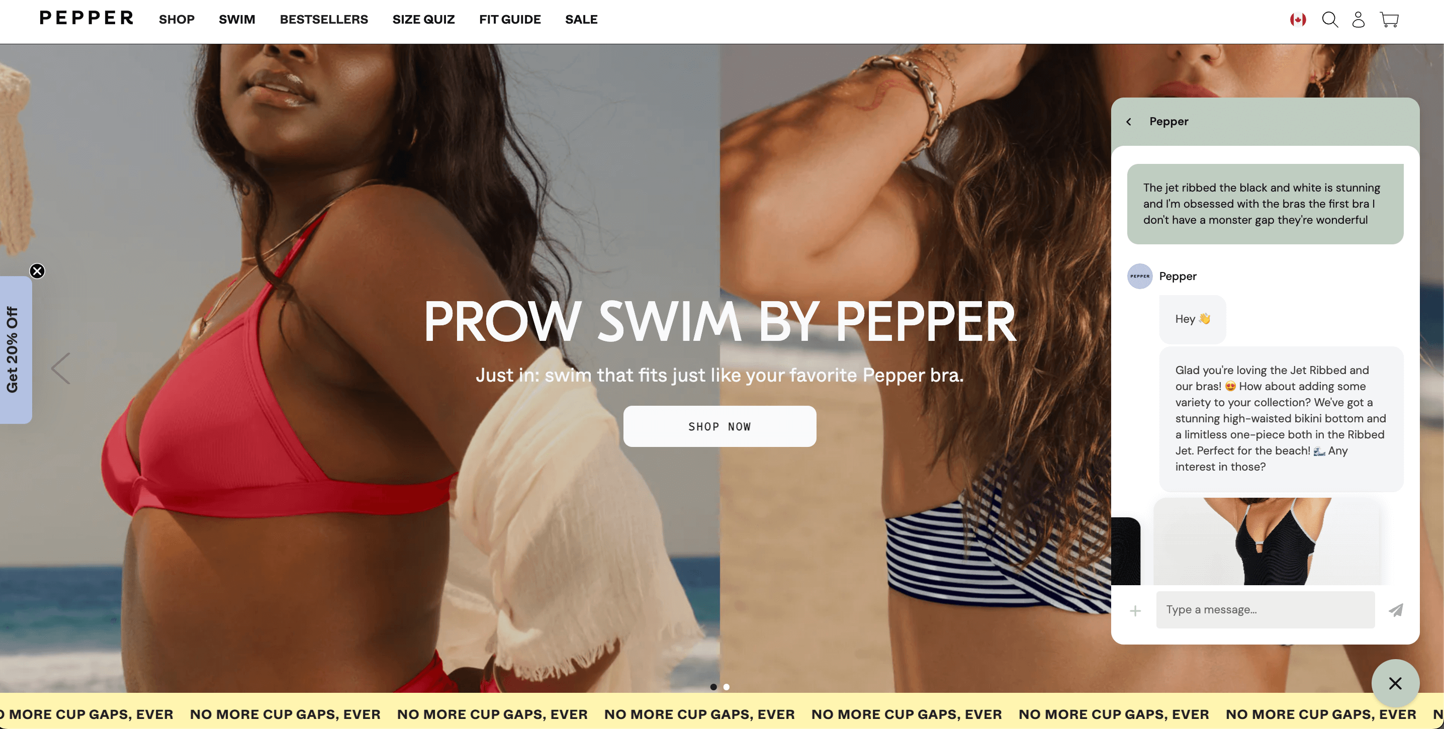 A screenshot of a customer conversation where a customer praises a certain bathing suit style and color. The AI Agent upsells the customer by recommending a similar style in the same color. 