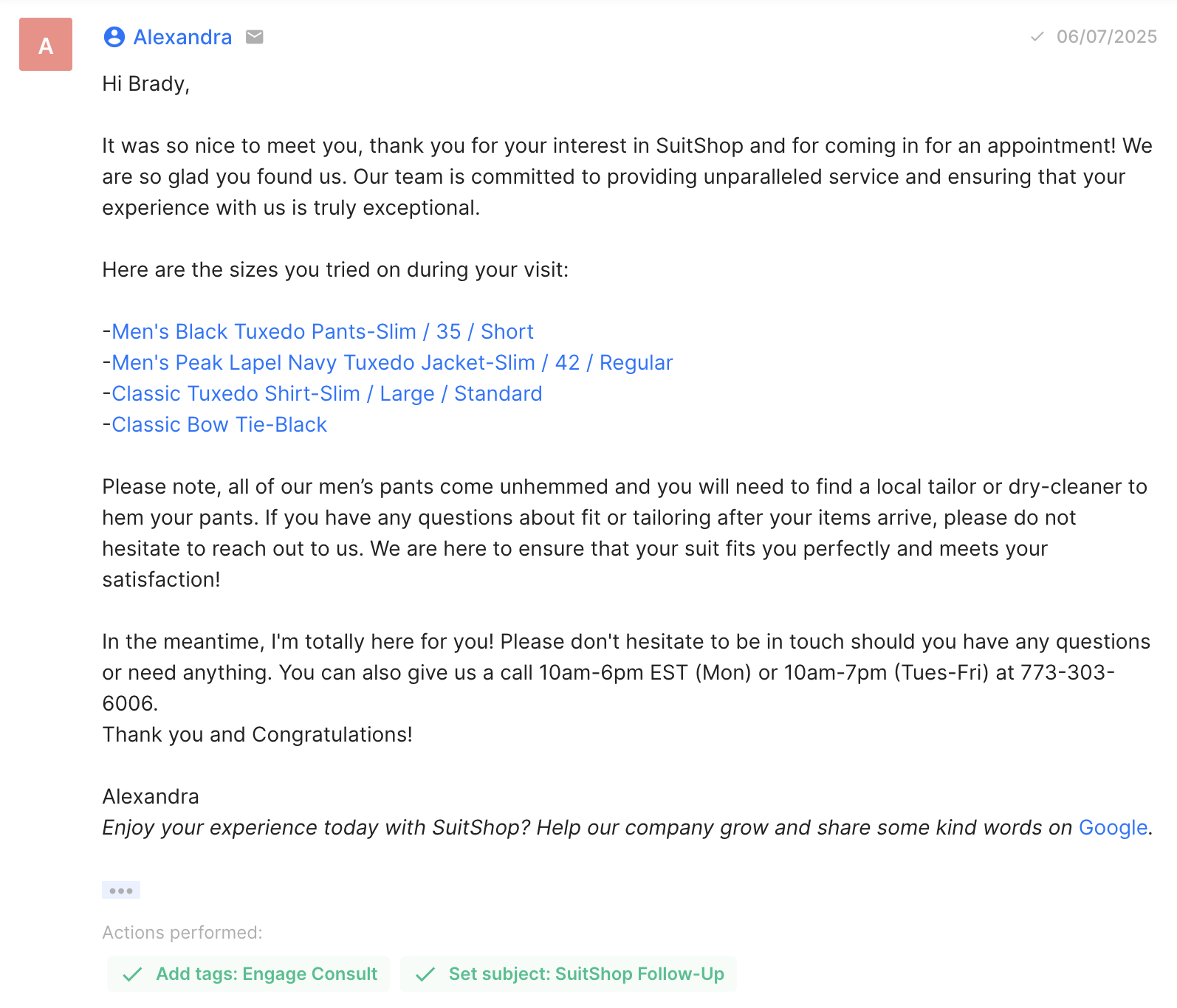 Email from a SuitShop representative listing suit sizes tried on during a visit and offering support with tailoring and fit.