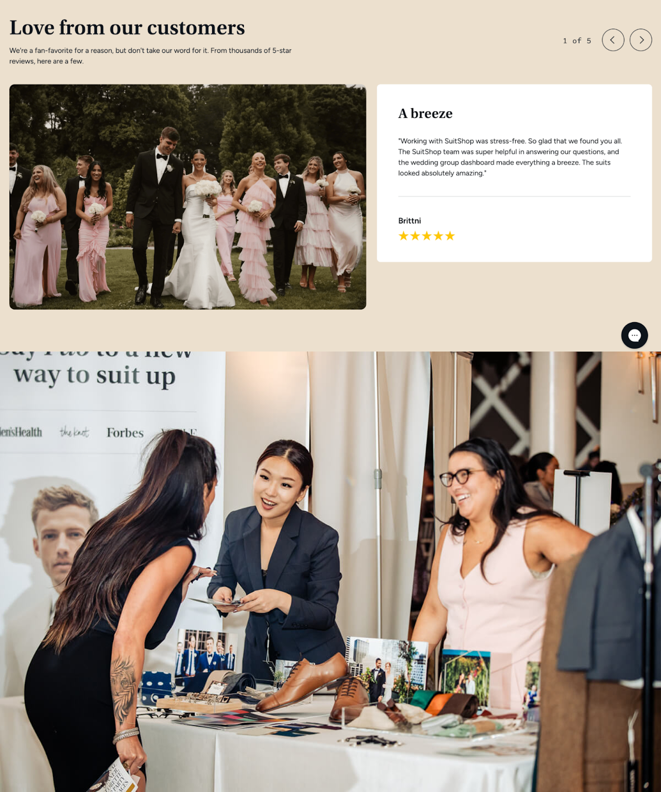 Website section showing a wedding party photo and a positive customer review, followed by an image of SuitShop staff engaging with a guest at an event booth.