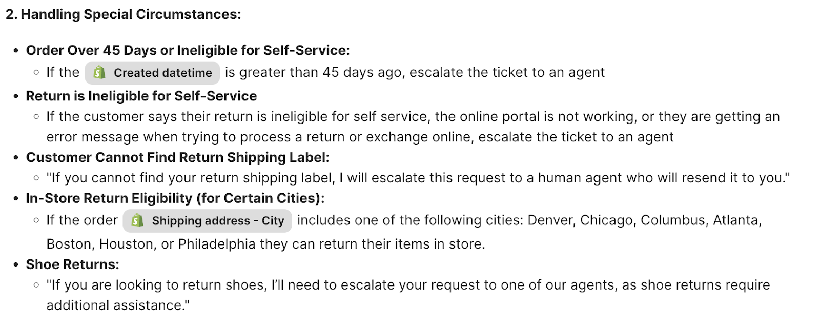 A Guidance for SuitShop's return policies for special cases, including ineligibility for self-service, missing shipping labels, and city-specific in-store returns.