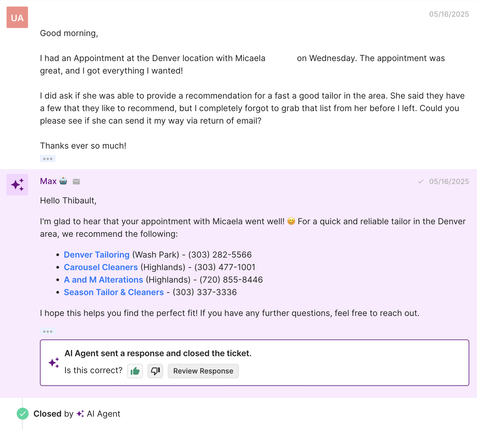 A conversation with an AI Agent response recommending local tailors in Denver after a customer requests a list following a SuitShop appointment.