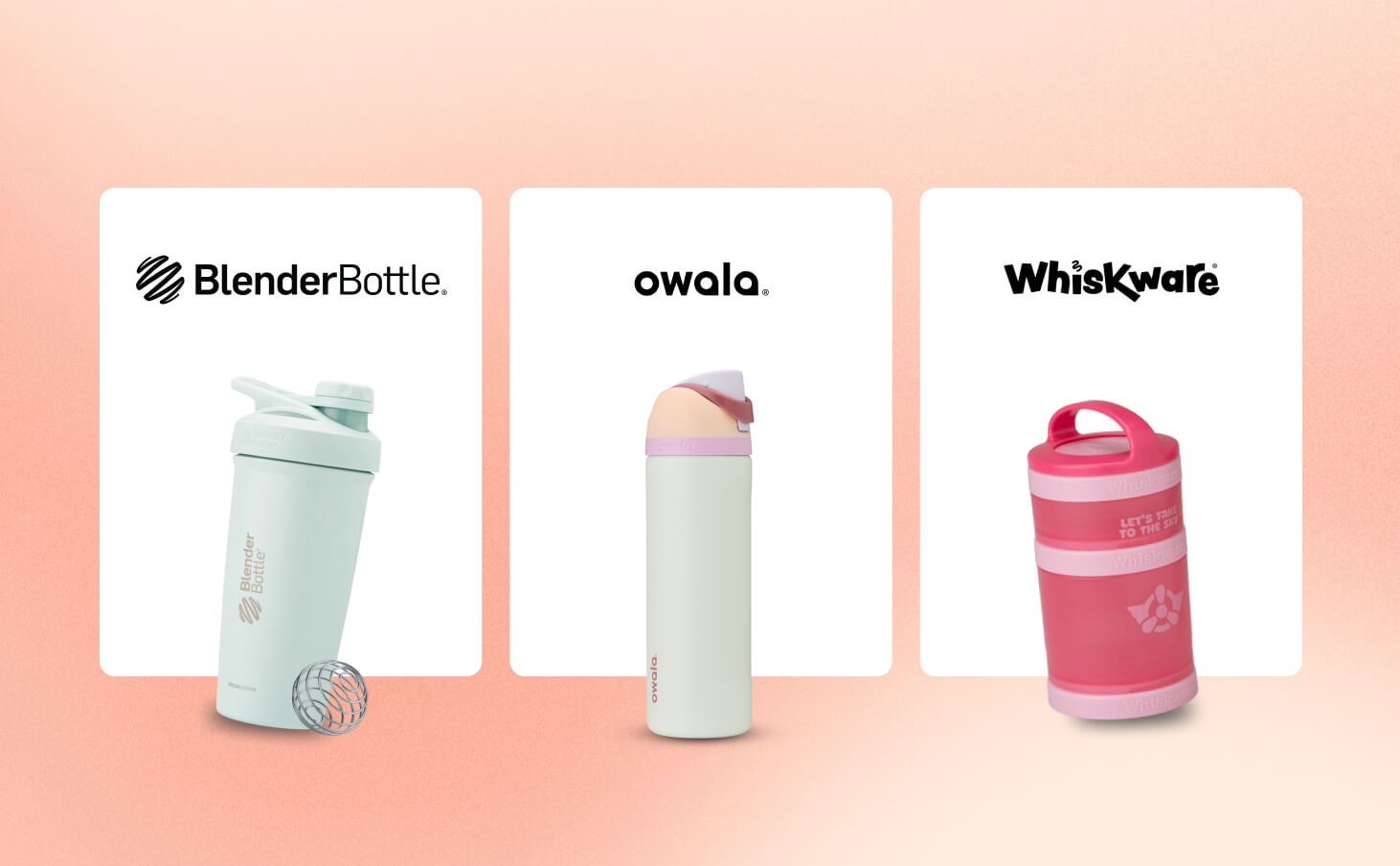 A graphic of Trove's brands: Blender Bottle, Owala, and Whiskware. 