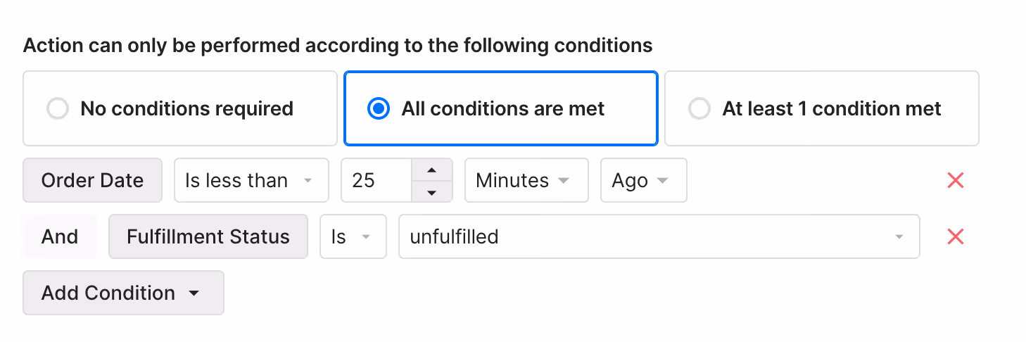 A screenshot in Gorgias showing how to configure conditions for an order cancellation Action.