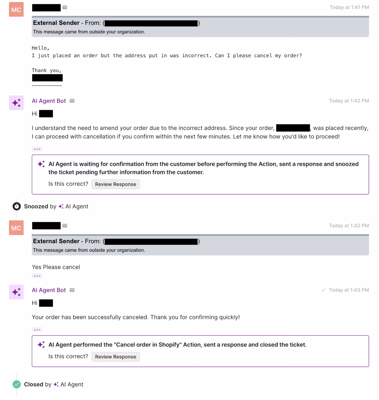 A sample conversation of AI Agent cancelling an order by confirming with the customer.