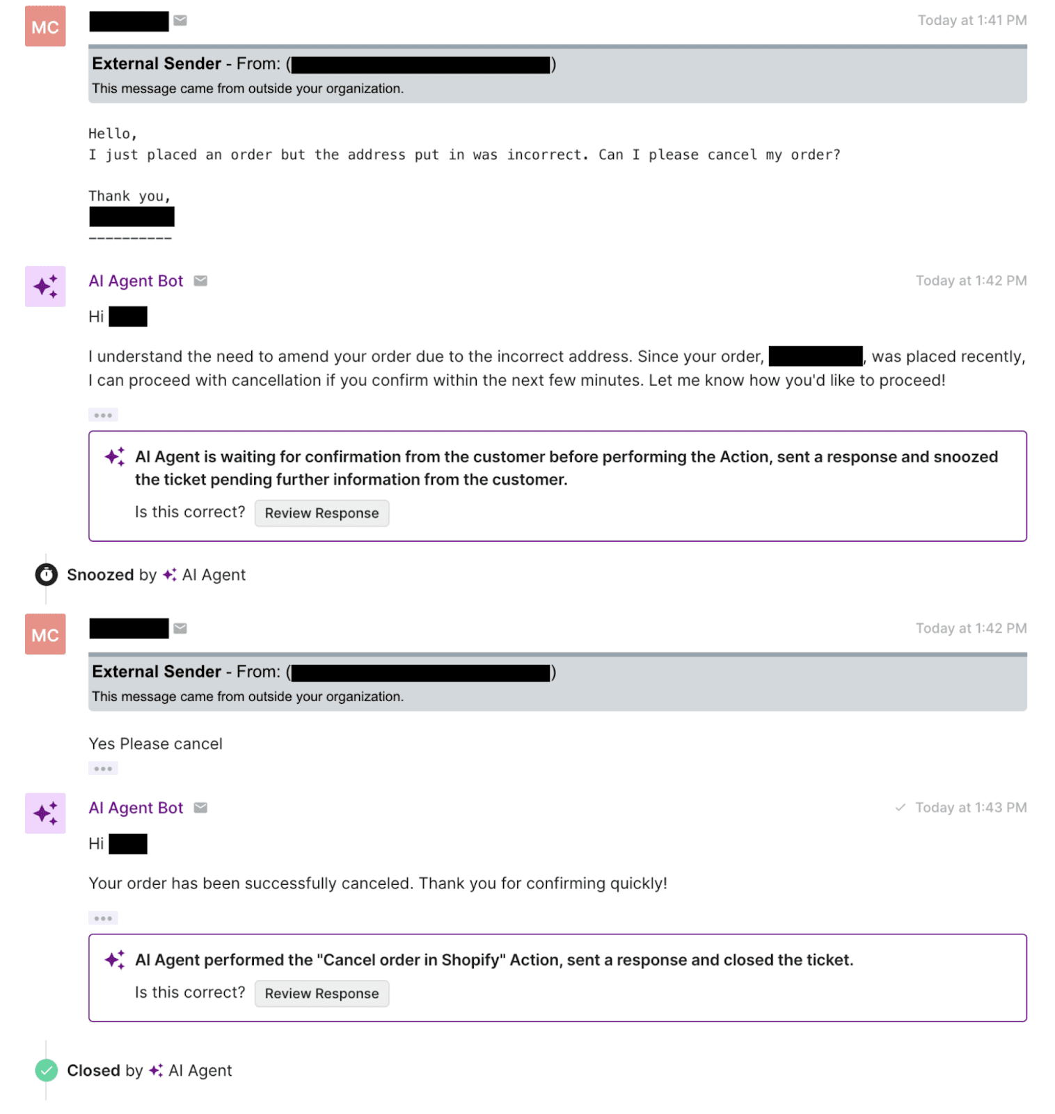 A sample conversation of AI Agent cancelling an order by confirming with the customer. 