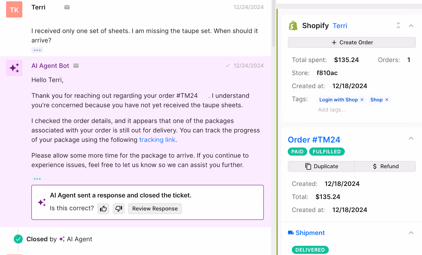 Customer message about missing taupe sheet set and AI Agent responds explaining one package is still out for delivery with a tracking link, alongside Shopify order details showing the order is paid and fulfilled.