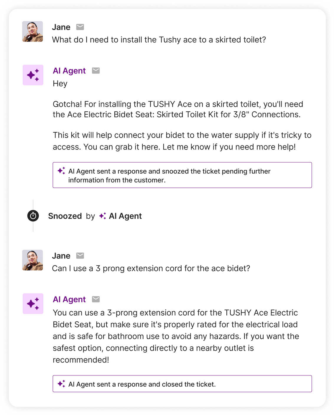 A customer conversation with Shopping Assistant asking how to install a bidet on a skirted toilet. The AI Agent provides clear installation instructions and links to any additional hardware needed. 