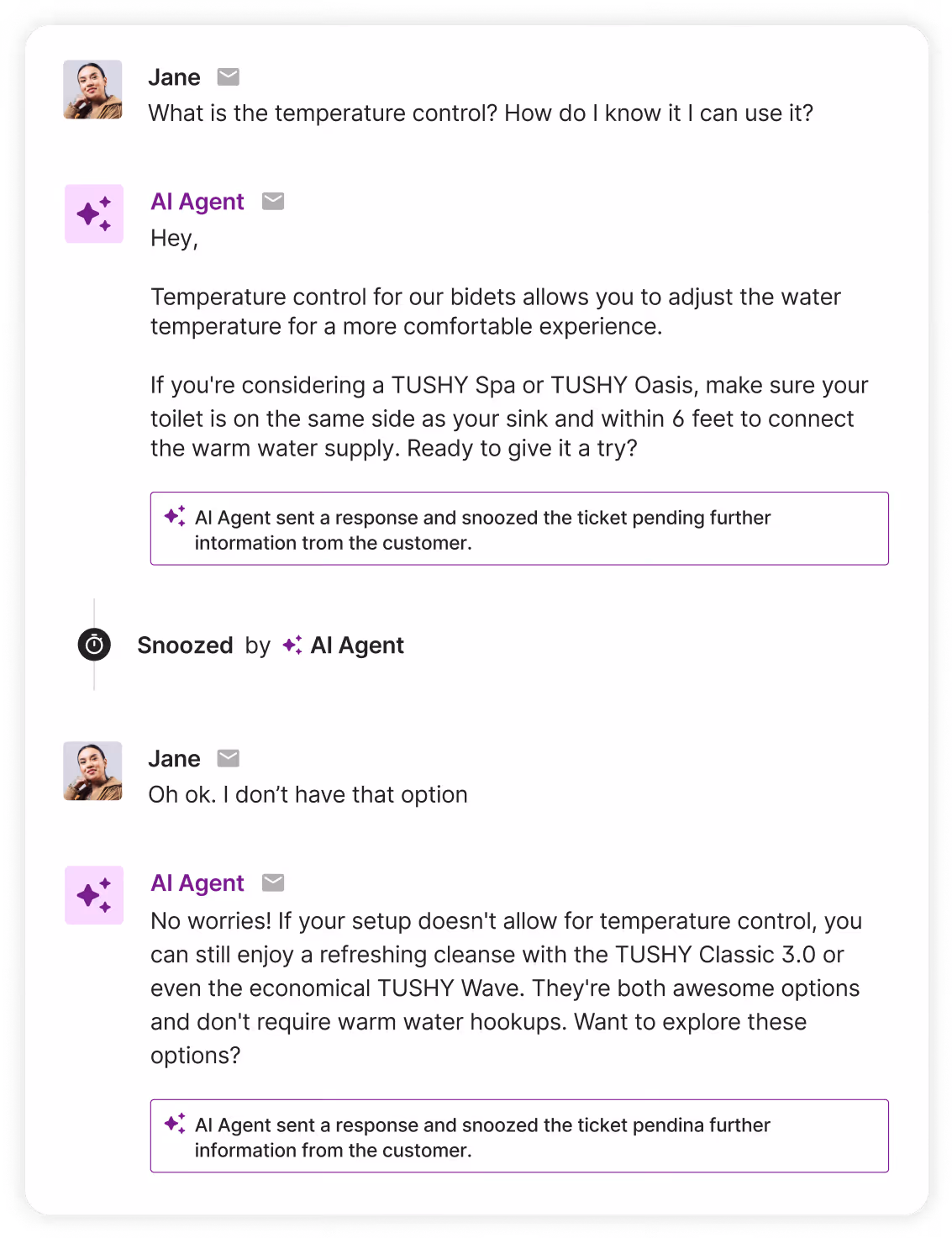 A customer conversation with Shopping Assistant asking how to install a bidet on a skirted toilet. The AI Agent provides clear installation instructions and links to any additional hardware needed.