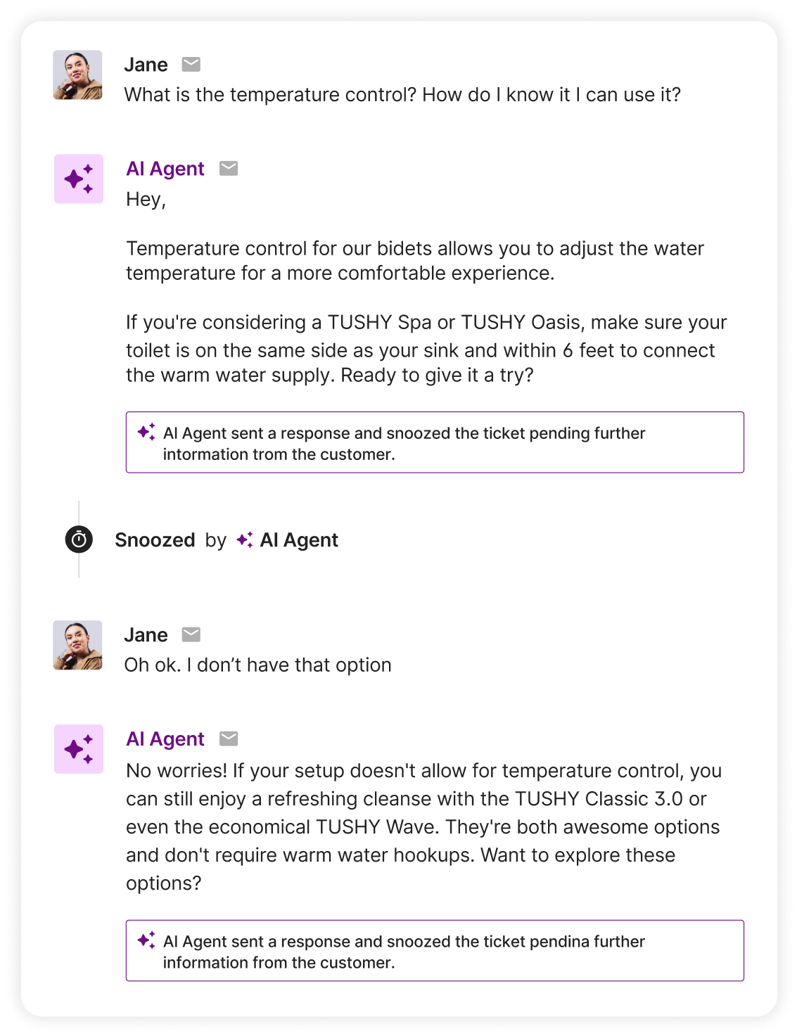 A customer conversation with Shopping Assistant asking how to install a bidet on a skirted toilet. The AI Agent provides clear installation instructions and links to any additional hardware needed. 