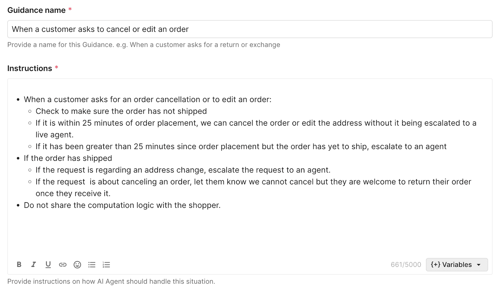 Internal Guidance on how AI Agent should handle customer requests to cancel or edit orders, including conditions for escalation.