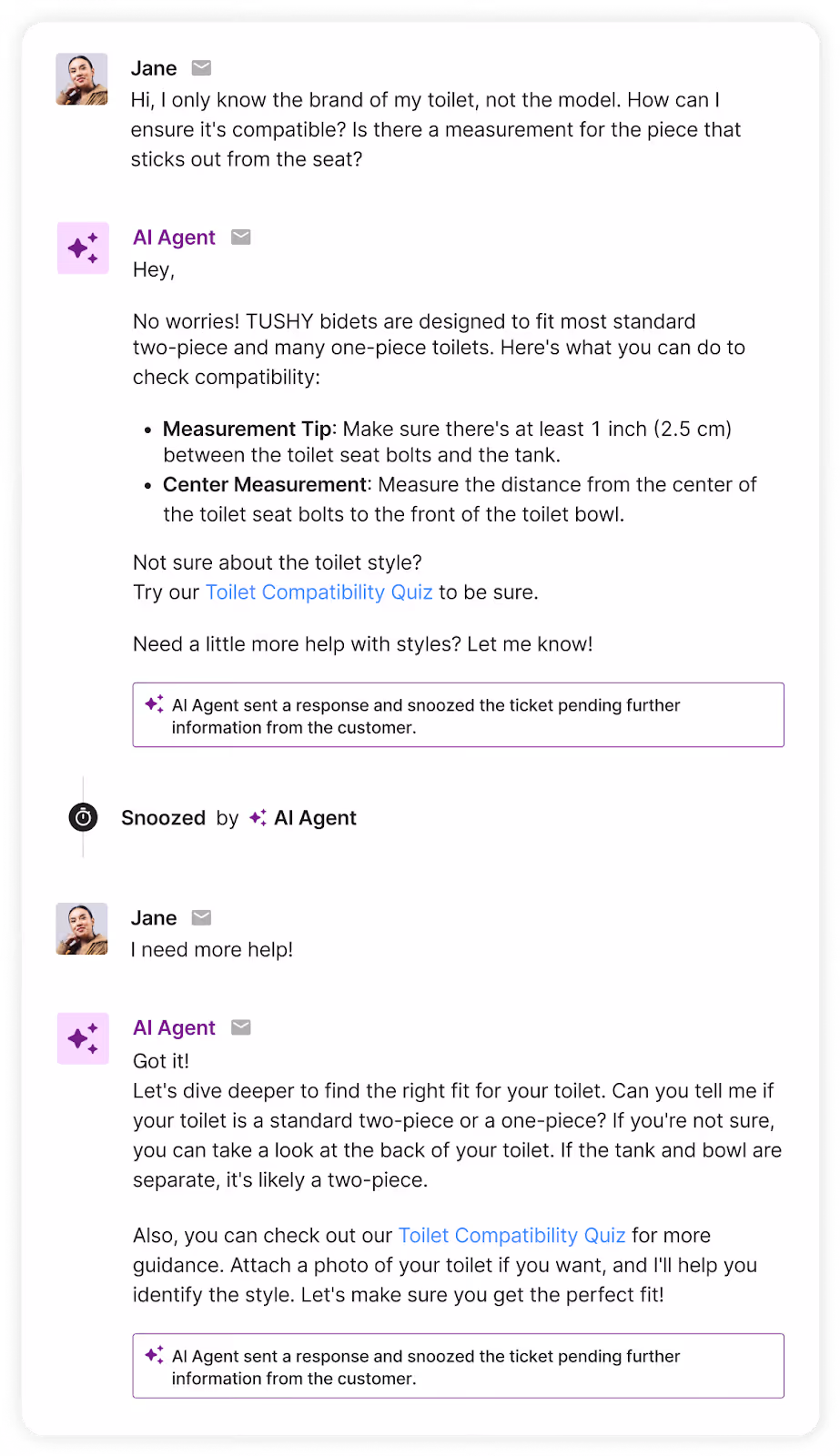 A screenshot of a customer conversation with Shopping Assistant. The customer wants to know if the bidet is compatible with their toilet and AI Agent provides measurement tips. 