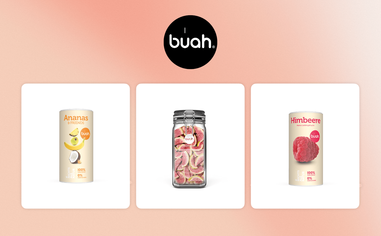 Product display for buah, featuring three dried fruit products. The left shows a tropical blend, the middle is figs, and the right is dried raspberries.
