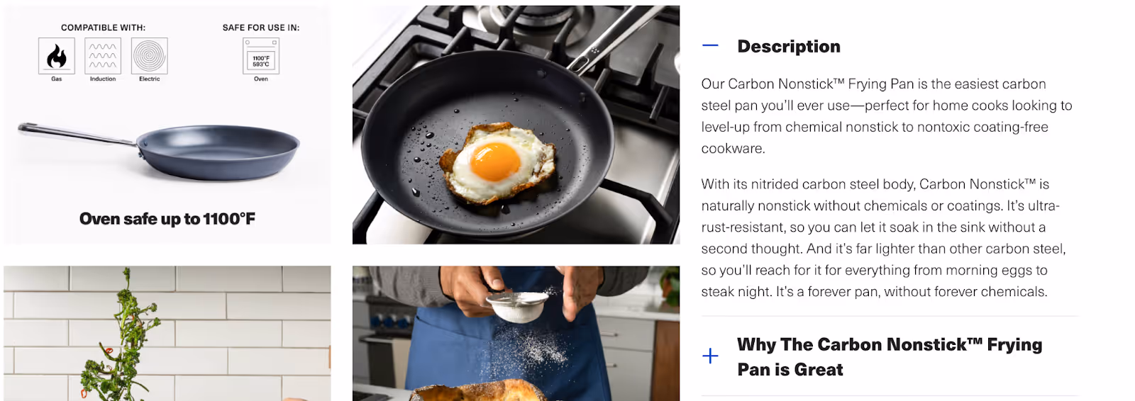 Misen's product description page for their Carbon Nonstick™ Frying Pan