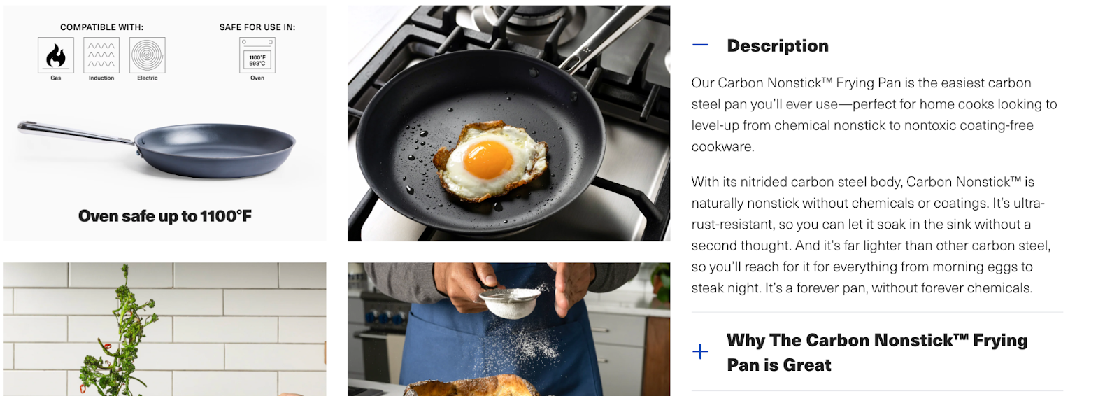 Misen's product description page for their Carbon Nonstick™ Frying Pan