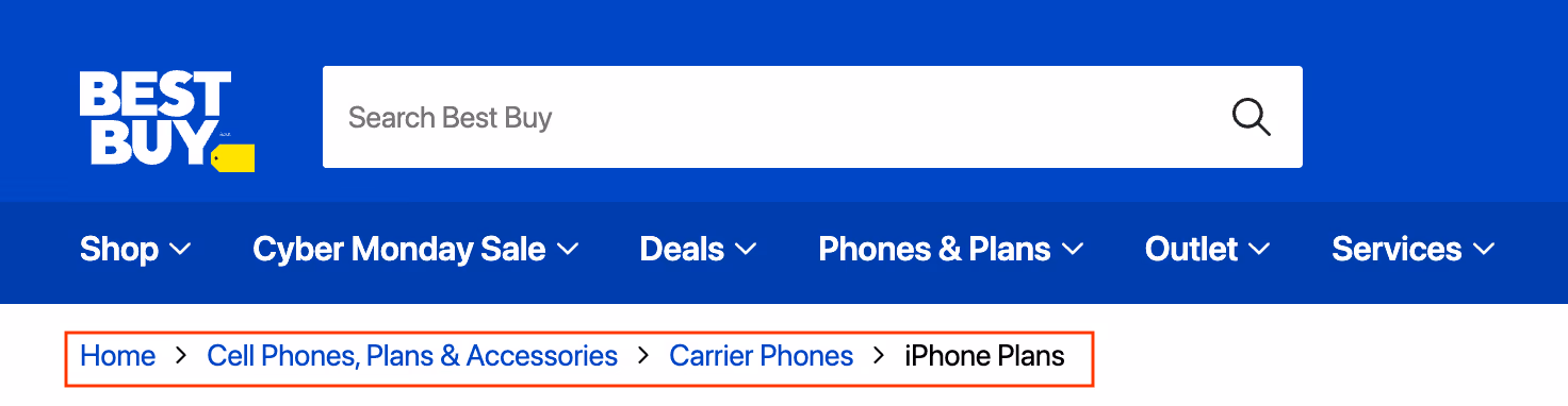 BestBuy breadcrumb navigation for iPhone Plans