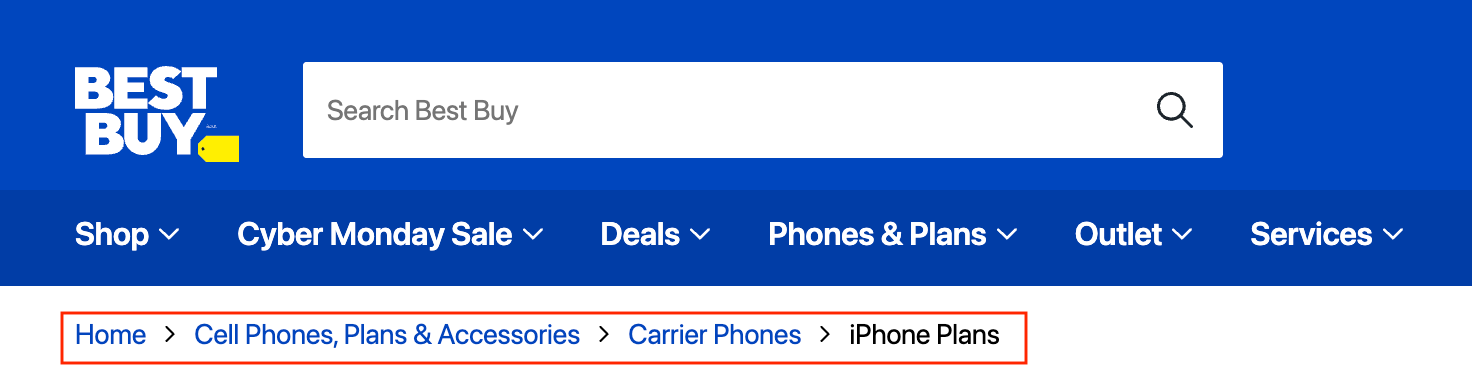 BestBuy breadcrumb navigation for iPhone Plans